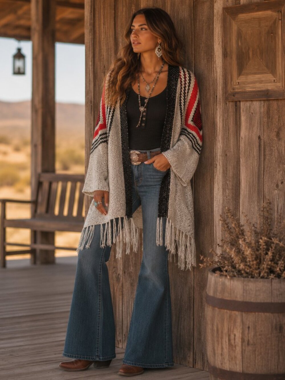 Gianni Bini Sz S Aztec Fringe Cardigan Red Black Open Front Boho Western Sweater
